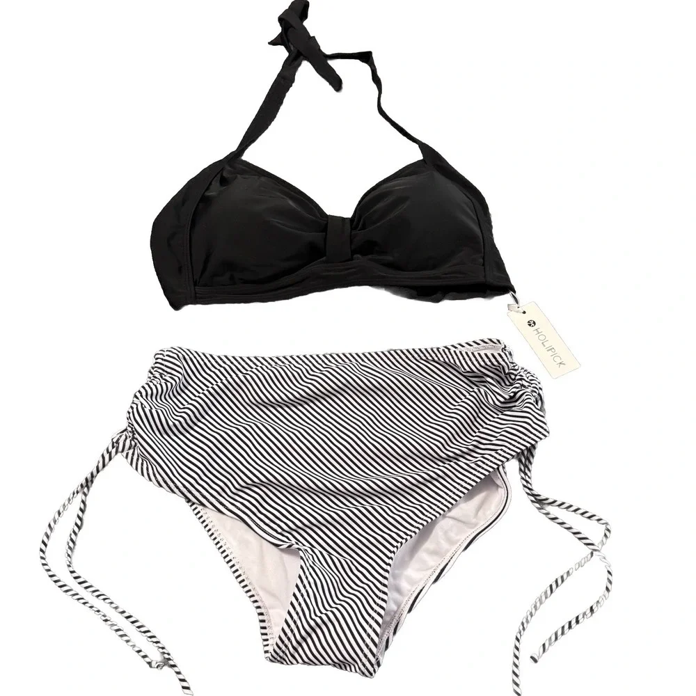 Holipick Women's L High Waisted Bikini Set‎ Swimsuit Black Top Striped Bottom